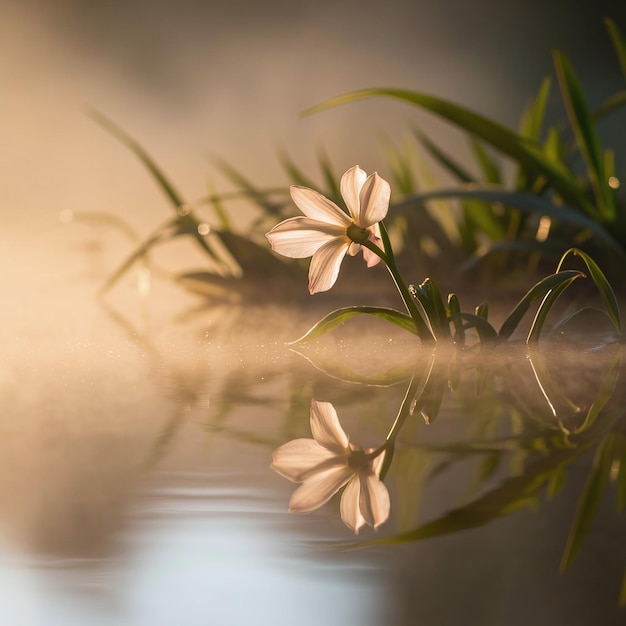 a plant with pink flowers in the water and the reflection of the sky