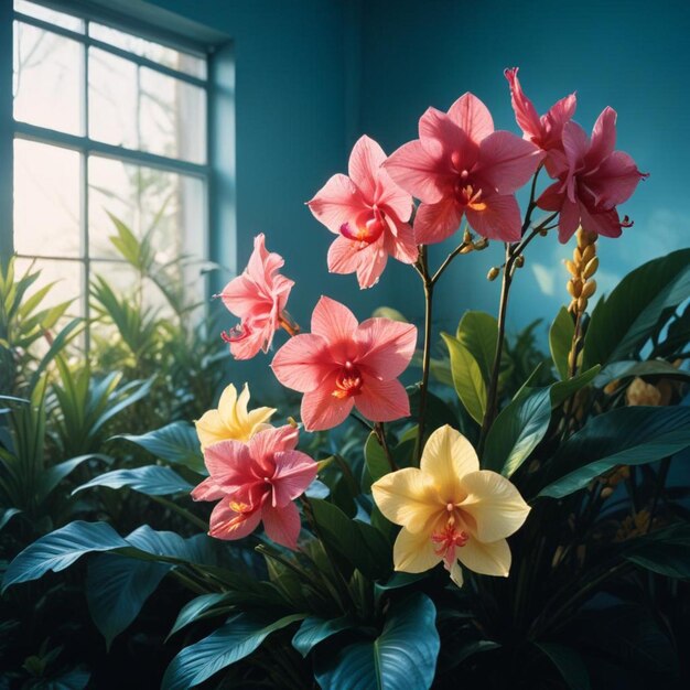 a plant with pink and yellow flowers in a room