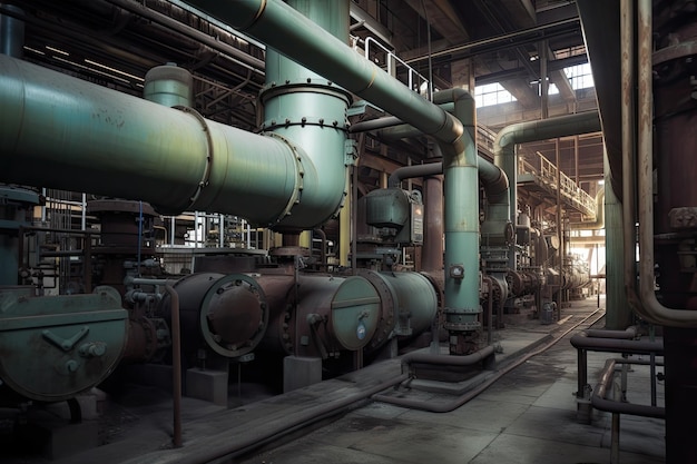 Plant with pipes and equipment running through the facility producing ores