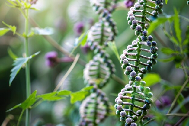 Photo a plant with purple berries and green leaves with a blurry background