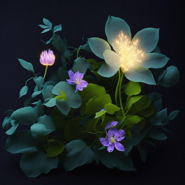 A plant with purple flowers and a light on it