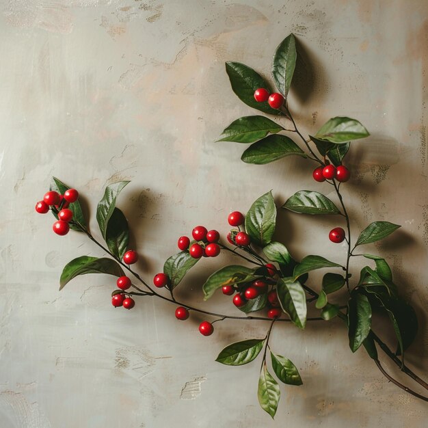 a plant with red berries on it is on a wall