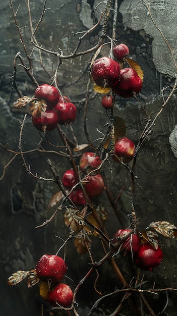 Photo a plant with red berries and leaves that are growing on it