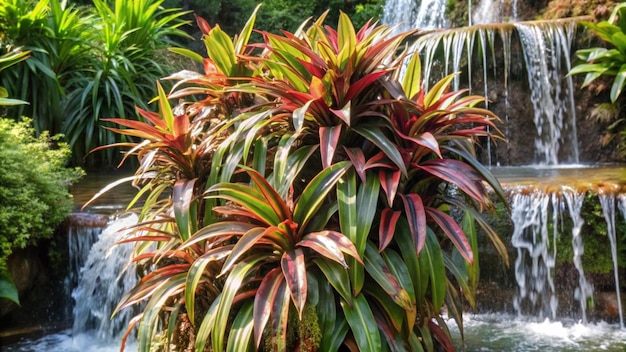 Photo a plant with red and green leaves in front of a waterfall