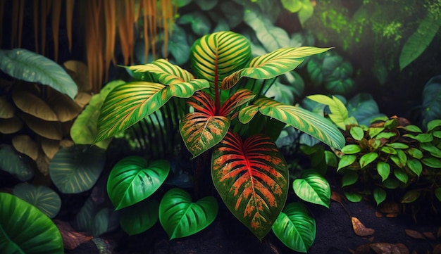 A plant with red and green leaves in the jungle