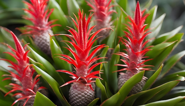 a plant with red and green leaves and a red flower