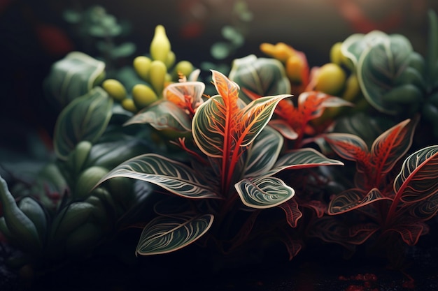 a plant with red and green leaves and a red leaf