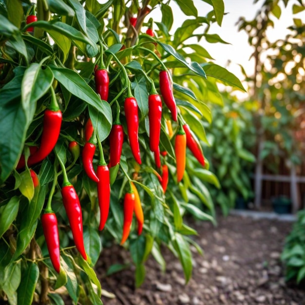 Photo a plant with red peppers growing in a garden