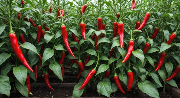 Photo a plant with red peppers in it and green leaves