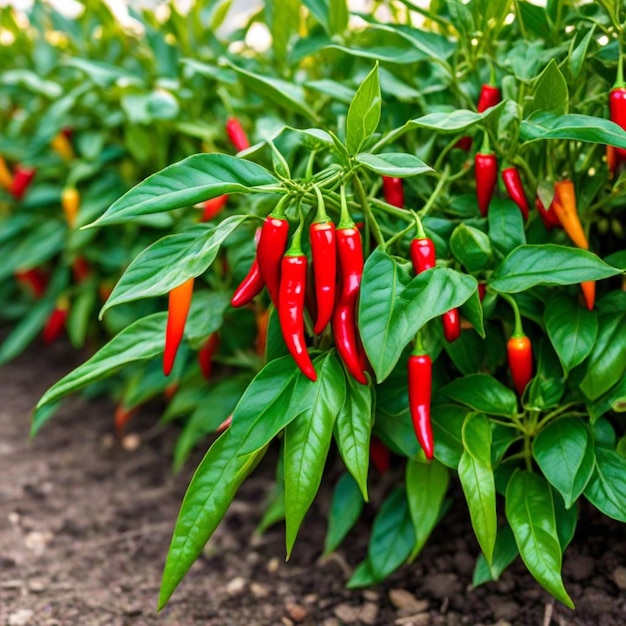 Photo a plant with red peppers that are growing in dirt