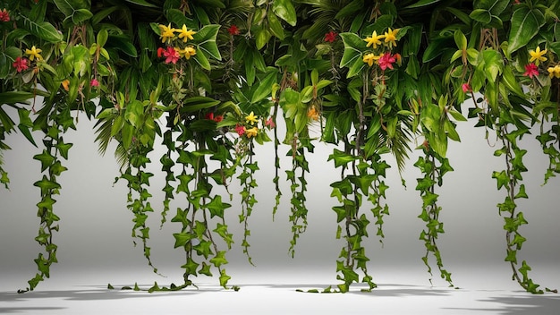 a plant with red and yellow flowers hanging from a white wall