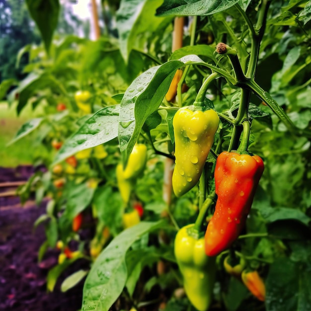 a plant with red and yellow peppers growing in a field