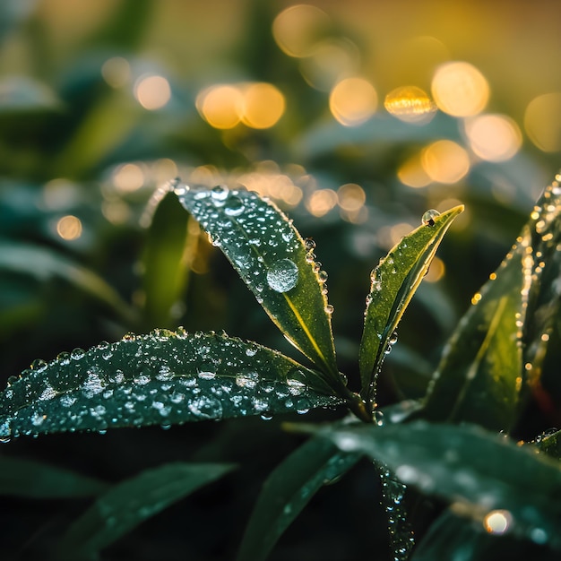 Photo a plant with water droplets on it and the sun shining through it