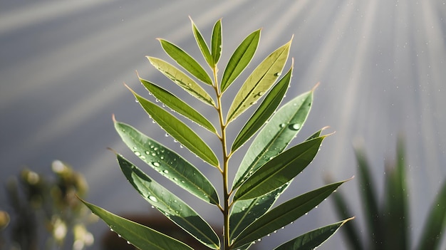 a plant with water drops on it and a cloudy sky in the background