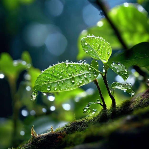 a plant with water drops on it and a green leaf with water drops on it