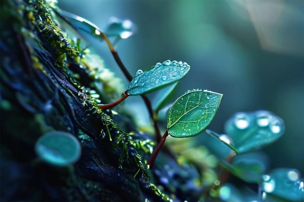 a plant with water drops on it and a green leaf