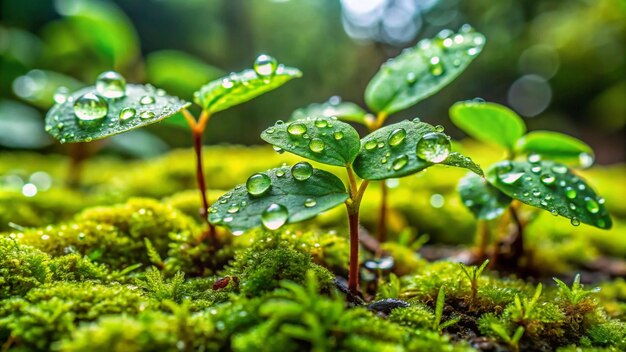 a plant with water drops on it and a green plant in the middle