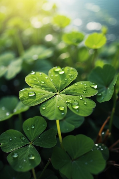 A plant with water drops on it and the sun shining through the leaves