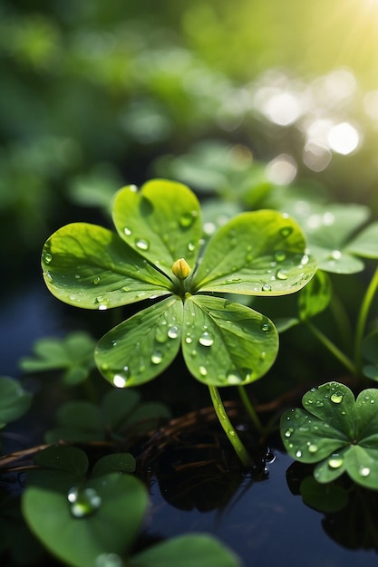 A plant with water drops on it and the sun shining through the leaves