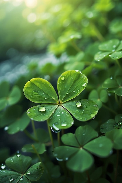 A plant with water drops on it and the sun shining through the leaves