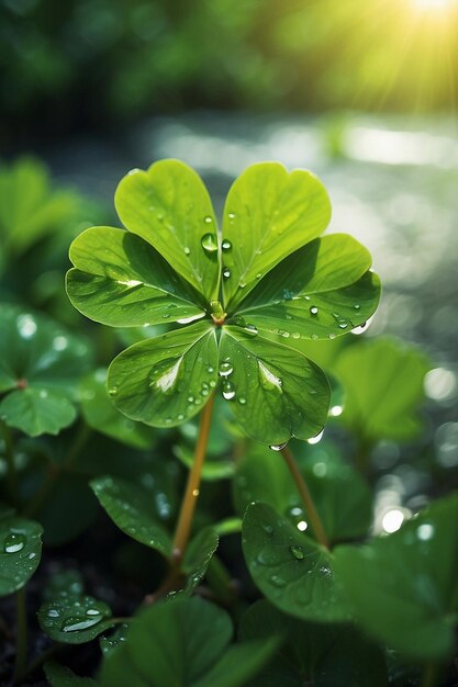 A plant with water drops on it and the sun shining through the leaves