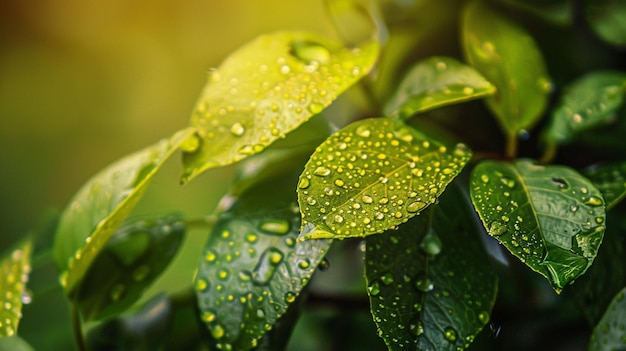 a plant with water drops on it and a yellow background