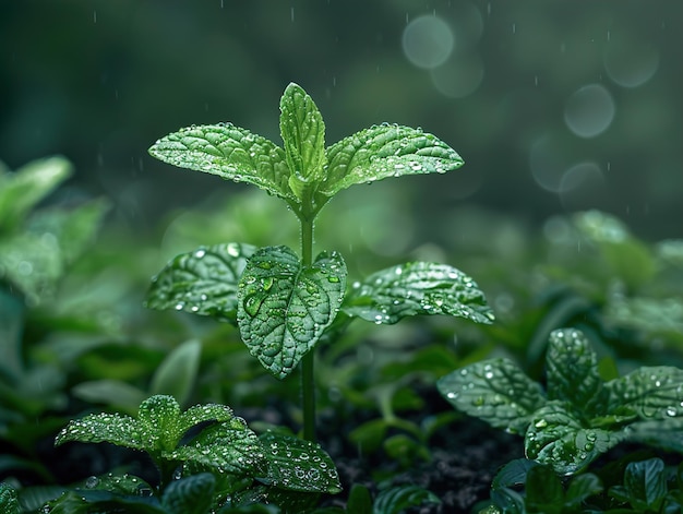 a plant with water drops in the rain