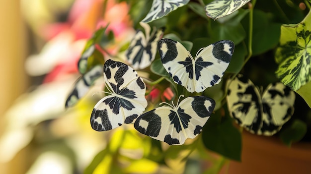 a plant with white and black butterflies on it