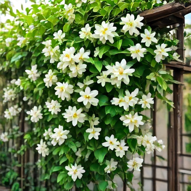 a plant with white flowers growing on it is growing on a fence