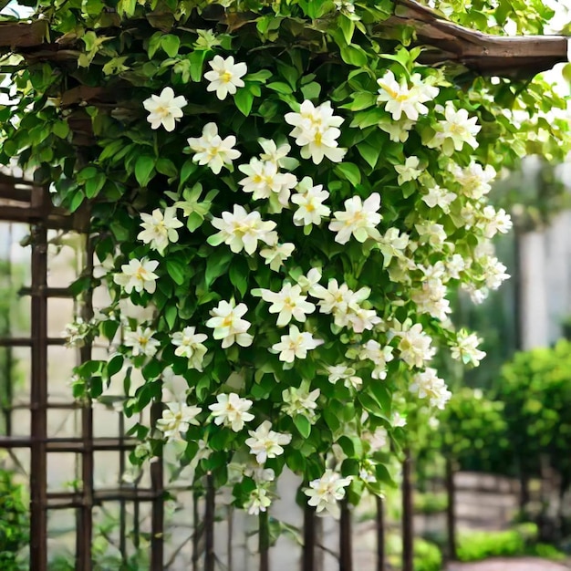 a plant with white flowers hanging from a fence