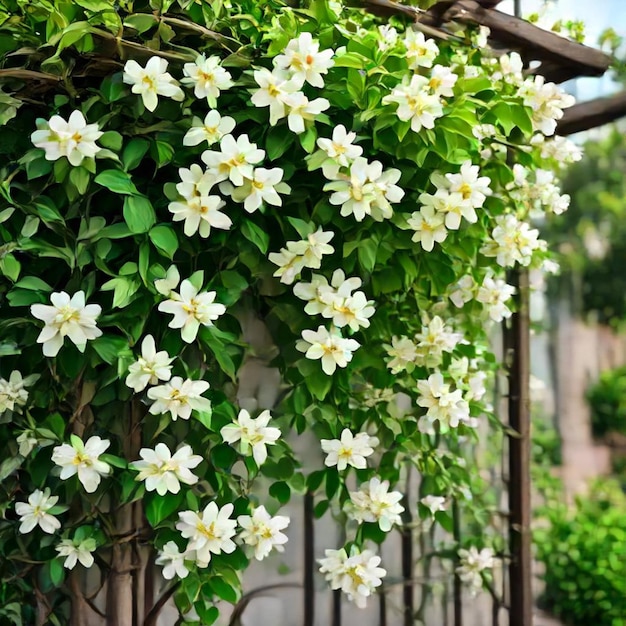 a plant with yellow flowers hanging over a fence