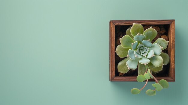 Photo a plant in a wooden box on a green wall