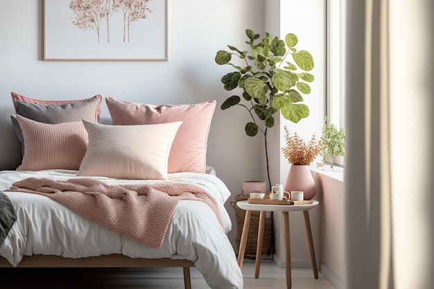 A plant on a wooden stool is perched against a white empty wall in this cozily feminine bedroom