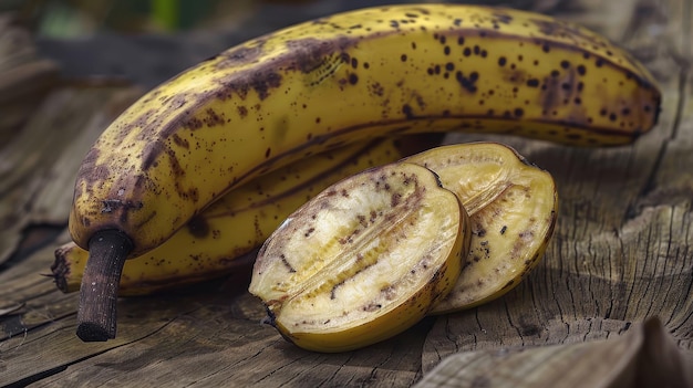 Photo plantain fruit whole and sliced showing starchy interior