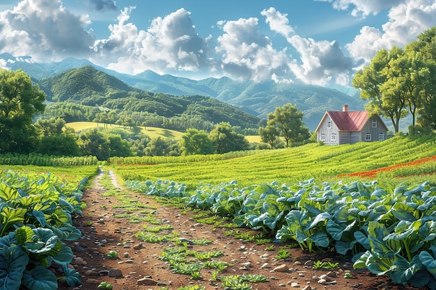 A plantation with green plants and a farm house in a mountain valley