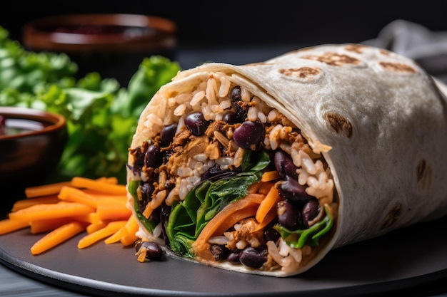 Plantbased burrito wrap with black beans lettuce and roasted vegetables