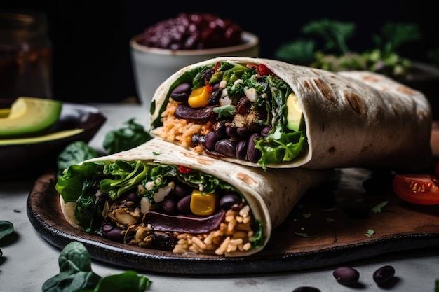 Plantbased burrito wrap with black beans lettuce and roasted vegetables