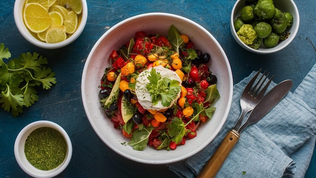 Photo plantbased food dishes served in a rustic kitchen setting with fresh ingredients and vibrant colors