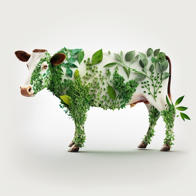 Plantbased meat created cow made of plants on white background made with Generative AI