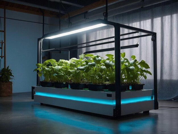 a planter with a blue light on it and a black box with a light on it