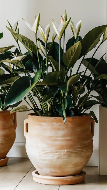 a planter with green leaves and a brown pot with a handle