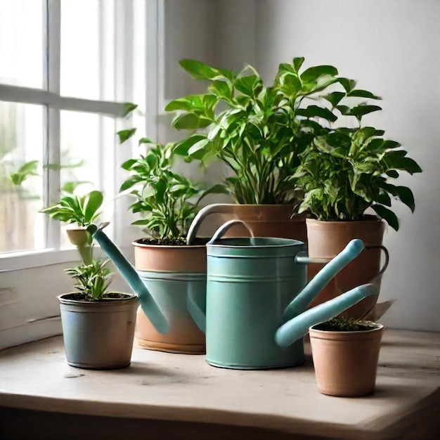 a planter with a plant on it sits on a counter