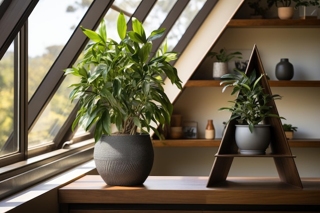 A planter with a pot on the shelf and a window