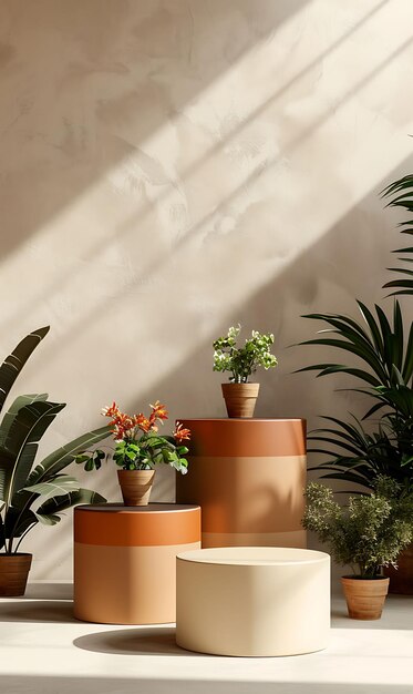 a planter with a potted plant on it and a potted plant on the side