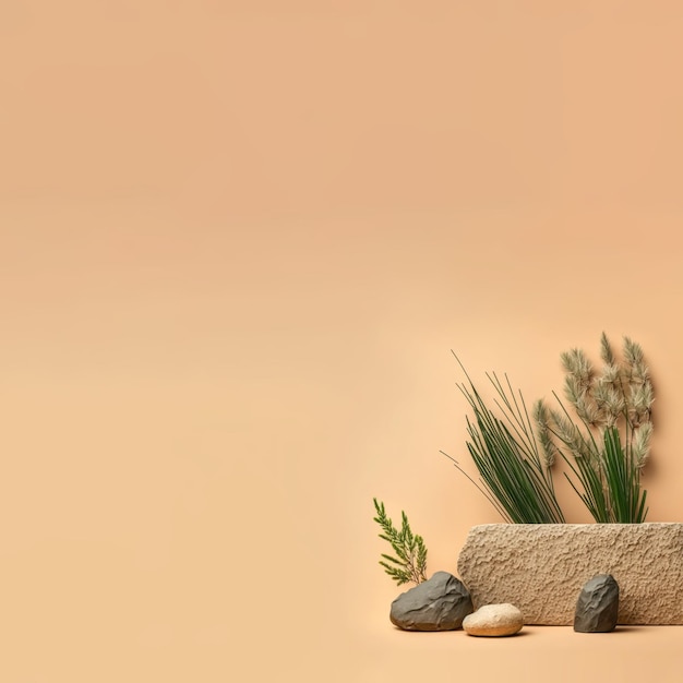 A planter with rocks and grass on it