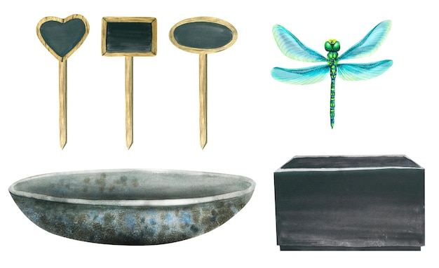 Planters for bouquets plants and home decor compositions small plaques on sticks for signing the names of flowers and a dragonfly for decoration A set from the BAMBOO collection Watercolor