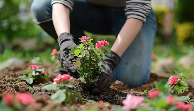 Photo planting flowers in garden landscape kneeling down on grass