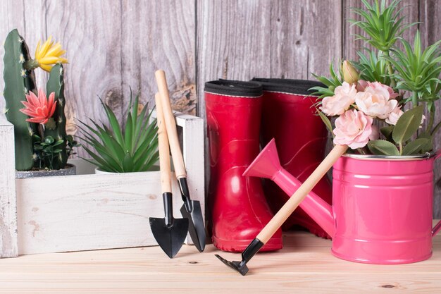 Planting flowers in spring and gardening tools Spring concept