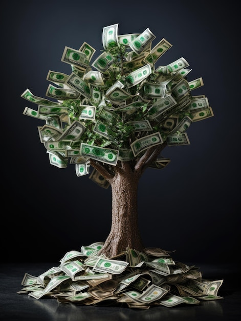 planting leaf cash money tree with gold coins as an business investment illustration