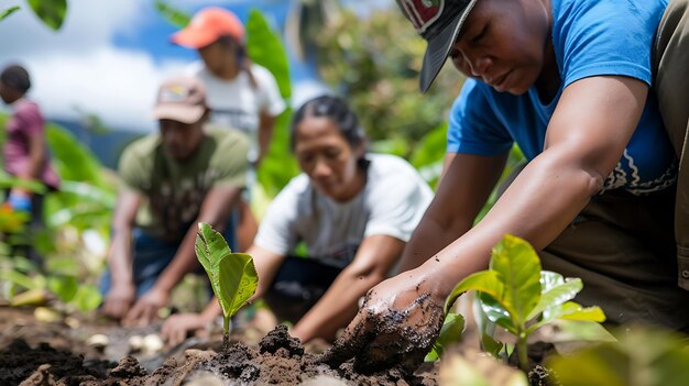 Planting new life a group of people work together to plant new plants in the rich soil